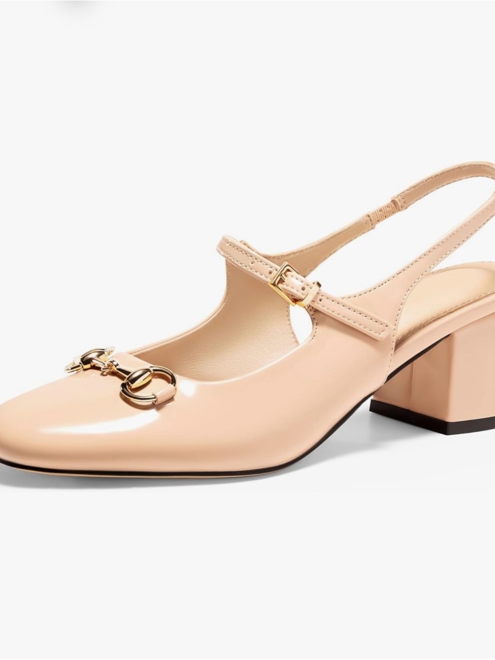 Women’s Nude Patent Slingback Block Heel with Gold HorseBit Detail (size 8)